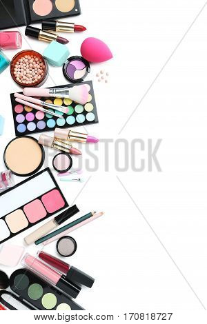 Different Makeup Cosmetics On White Background