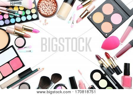 Different Makeup Cosmetics On White Background