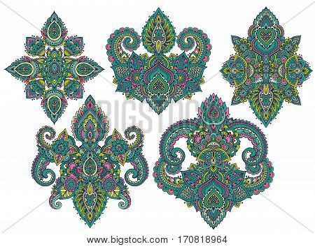 Vector set of henna floral elements based on traditional Asian ornaments. Paisley Mehndi Tattoo Doodles collection