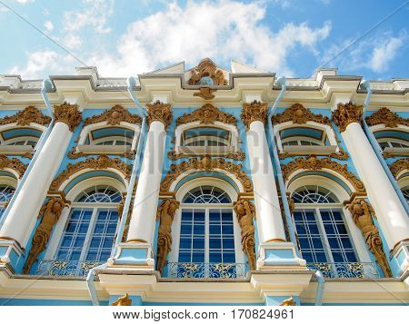 A detail of the ornate facade of Tsarskoe Selo (Catherine Palace) in Pushkin outside Saint Petersburg Russia.