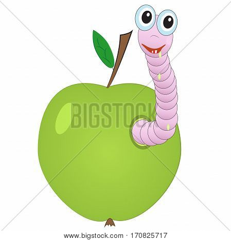 Cartoon illustration of funny worm in green apple with leaf isolated on white background