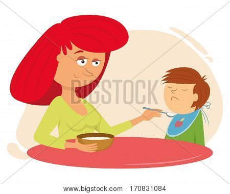 family dinner. mother feeds the child, vector