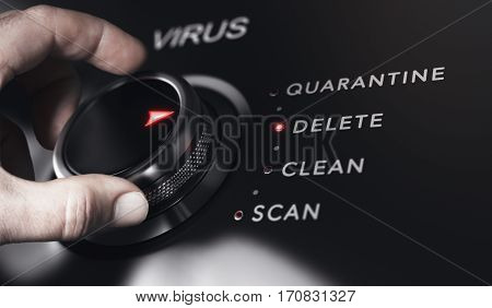 Hand turning a button with the title virus. Antivirus protection system concept horizontal image. Composite between an image and a 3D background.