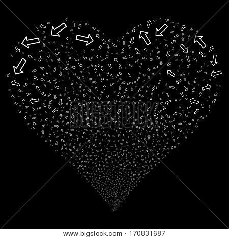 Arrow fireworks with heart shape. Vector illustration style is flat white iconic symbols on a black background. Object salute combined from scattered design elements.