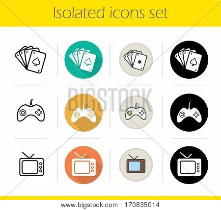 Leisure and entertainment activities icons set. Flat design, linear, black and color styles. Playing cards deck, gamepad, retro tv set. Isolated vector illustrations