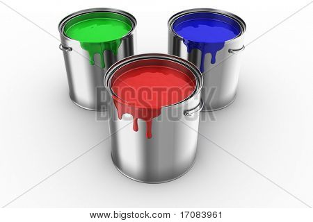 renderização 3D de 3 latas de tinta