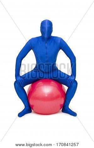 Mysterious Blue Man In Morphsuit Exercise With Pilates  Ball