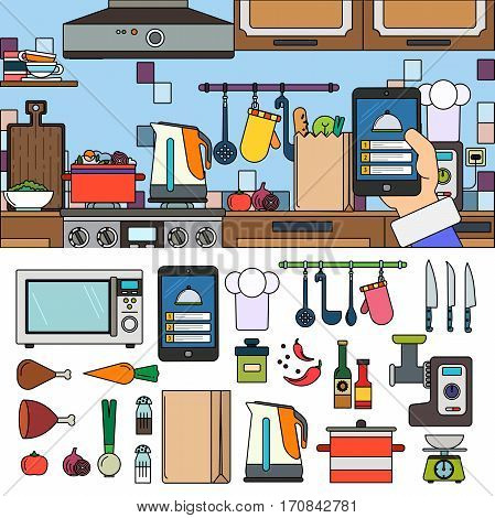 Thin line flat design of recipes app. Cooking at home using online recipes application. Products and dishes on the table in the kitchen. Food, utensils, tablet isolated on white background