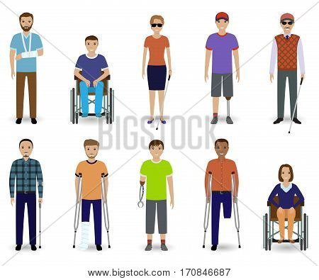 Set of ten disabled people characters. Disability concept. Group of male and female invalid men. Flat style vector illustration.