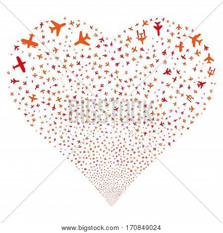 Airplanes fireworks with heart shape. Vector illustration style is flat intensive red and orange iconic symbols on a white background. Object love heart made from scattered icons.