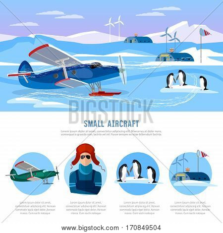 Study of the Arctic and Antarctic flight to North Pole. Small aircraft. Travel to Antarctica infographics. Scientific polar explorers template design