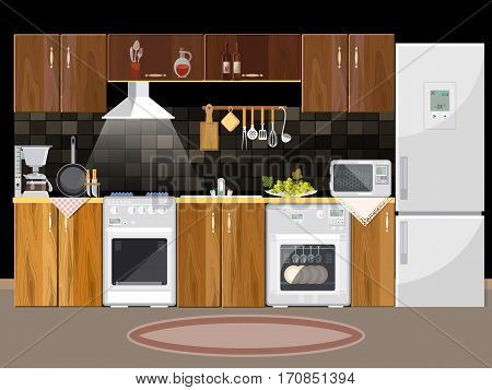 Kitchen interior with furniture. Refrigerator microwave stove. Design of modern kitchen