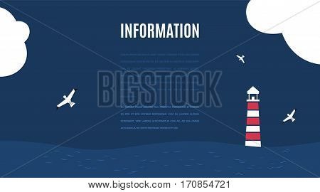 Vector flat ocean design background with text place. Cute template with seagull birds lighthouse clouds and ocean waves.