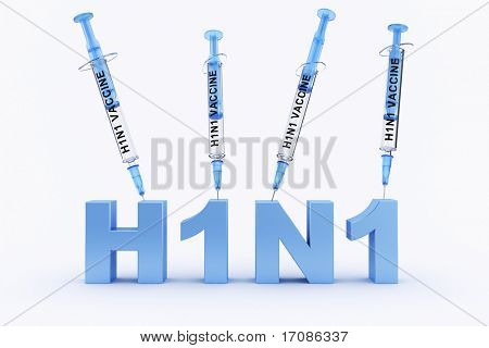 rendering 3D di un logo di h1n1 con 4 siringhe in alto con 