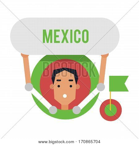 Icon cartoon of a man with a sign Mexico. Male avatar in flat style. Vector illustration isolated on white background.