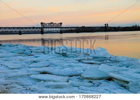 Bridge across river Dnieper at sunset in Kremenchug, Ukraine
