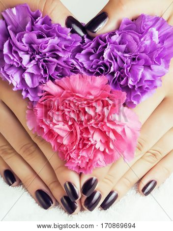 manicure pedicure with flower close up isolated on white perfect shape hands spa salon, modern dark mani pedi concept
