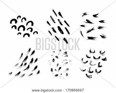 Set of hand drawn design elements. Vector collection of black ink textures and brush strokes. Collection for your design, semirings, brush strokes, dashes, arches. Freehand drawing.
