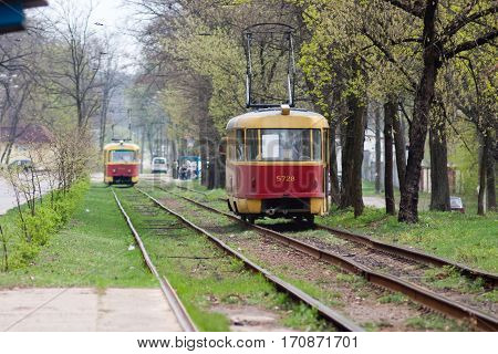 red tram rails on curves near the trees and grass