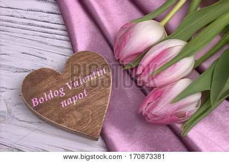 Valentine's Day Elegant Still Life With Tulip Flowers Rose Shine Fabric Rose And Heart Shape Sign On
