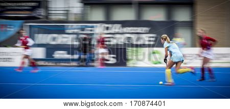 VALENCIA, SPAIN - FEBRUARY 11: Ukrainian player during Hockey World League Round 2 semifinal match between Ukraine and Poland at Betero Stadium on February 11, 2017 in Valencia, Spain