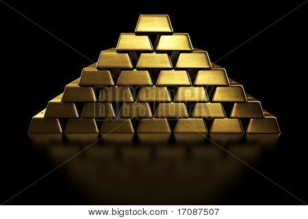 3D rendering af guldbarrer stablet i en pyramideform