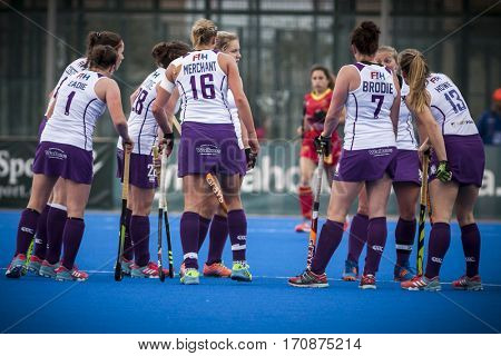VALENCIA, SPAIN - FEBRUARY 11: Scotish players during Hockey World League Round 2 semifinal match between Spain and Scotland at Betero Stadium on February 11, 2017 in Valencia, Spain