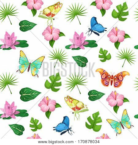Tropical Flowers and Butterflies Seamless Pattern. Vector background