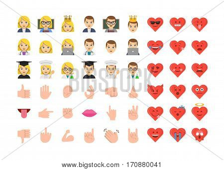 Abstract funny flat design people emoticon set. Simple style hand collection. Valentines day emoji style illustrations.
