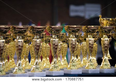 Group of the trophies with blurry background