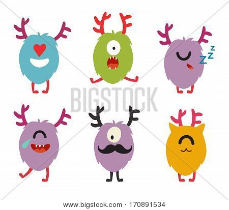 Emoji monsters. Cute cyclops vector set. Cartoon funny emoticons. Monsters stickers flat cartoon style. Isolated on white background