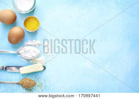 Ingredients For Baking - Eggs,flour,sugar,butter,milk.top View With Space For Text.