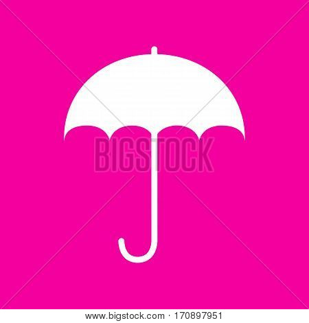 Umbrella sign icon. Rain protection symbol. Flat design style. White icon at magenta background.