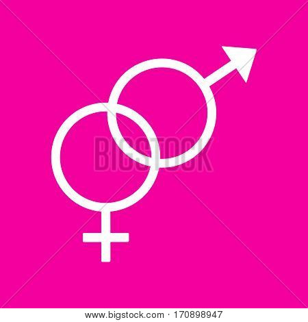 Sex symbol sign. White icon at magenta background.