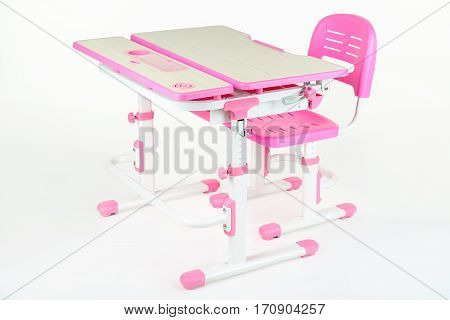 pink school desk is isolated on a white background
