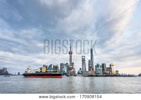 landmarks of Shanghai with Huangpu river in China.