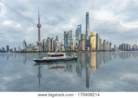Shanghai skyline panorama landmarks of Shanghai with Huangpu river in China.