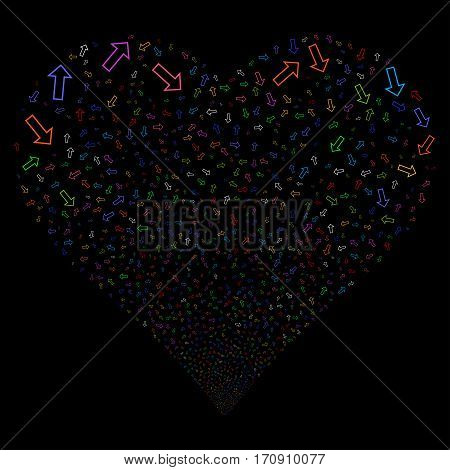 Arrow fireworks with heart shape. Vector illustration style is flat bright multicolored iconic symbols on a black background. Object heart organized from scattered icons.