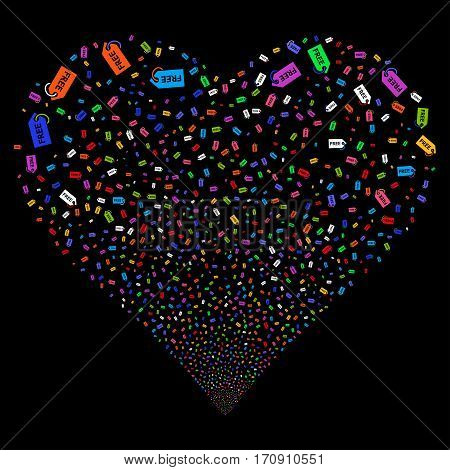 Free Tag fireworks with heart shape. Vector illustration style is flat bright multicolored iconic symbols on a black background. Object valentine heart organized from scattered pictograms.
