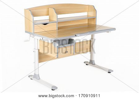 Wooden school table on the white isolated background.