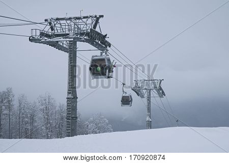 Sochi, Russia - January 21, 2017: Cabin lift 8-seater gondola type in Gorky Gorod
