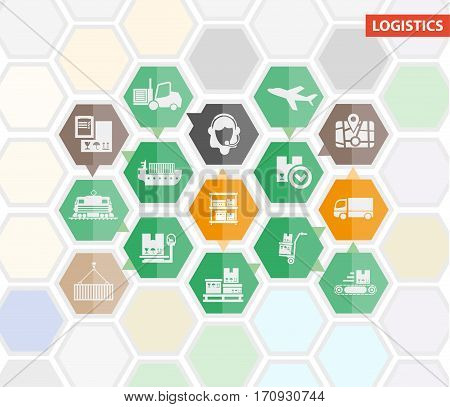 Logistics process infographics and vector template flat icons. Shipping or shipment stages of warehouse, shipping and delivery by air, sea or train cargos