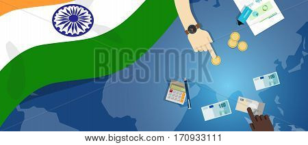 India economy fiscal money trade concept illustration of financial banking budget with flag map and currency vector