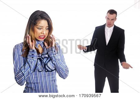 office secretary gets hysterical while boss stands in background