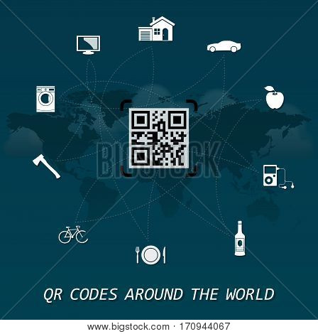 QR Codes around the world - quick response codes business infographic on the center of the world map
