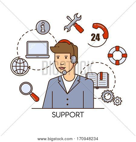 Global technical support vector concept design with man support operator. Outline flat illustration.
