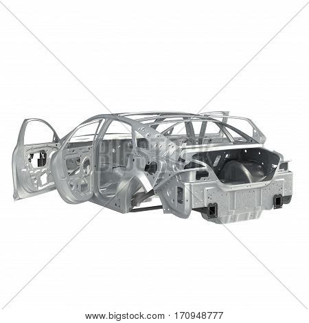 Carcass af a sedan car with opened doors on white background. 3D illustration
