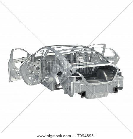Skeleton of a car with opened doors on white background. 3D illustration