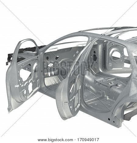 Skeleton of a car with opened doors on white background. 3D illustration
