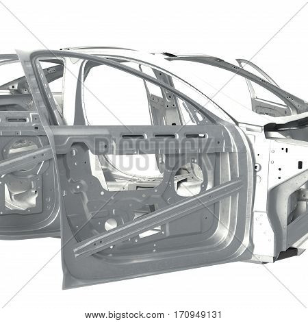 Sedan without cover with opened doors on white background. 3D illustration
